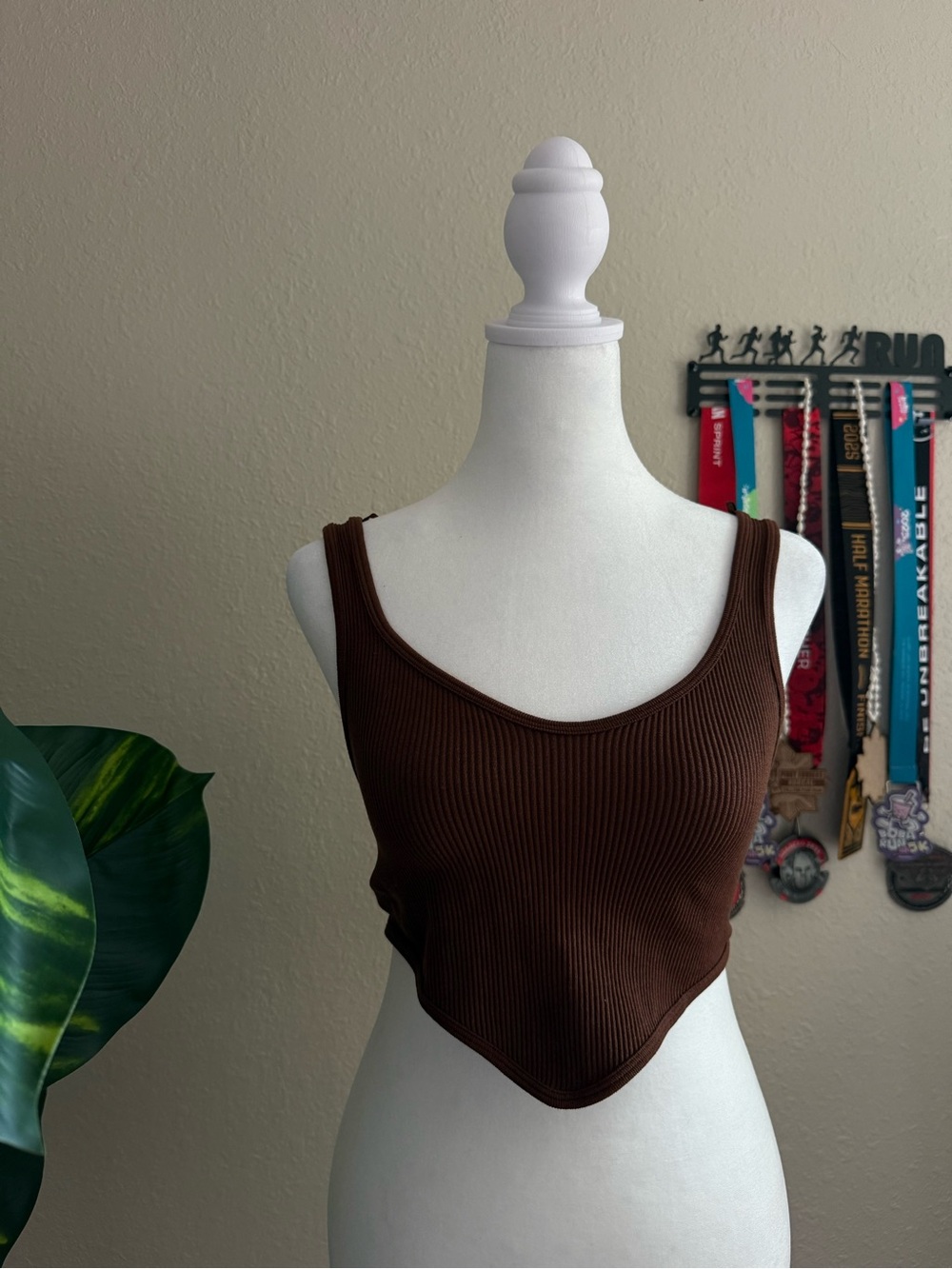 Zara Chocolate Brown Ribbed Handkerchief-Hem Tank Top